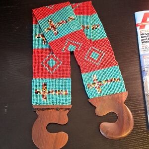 Handcrafted Beaded Belt - Red and Teal Vintage Stretch